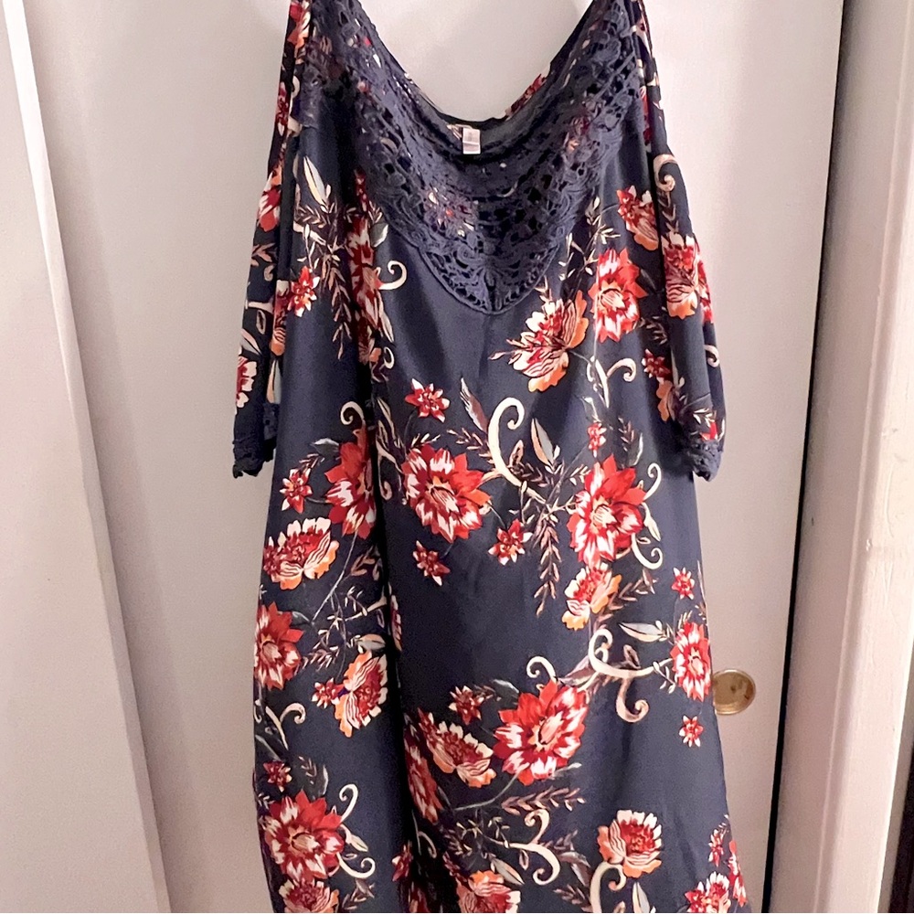 Navy Floral Off Shoulder Dress with Lace Detail